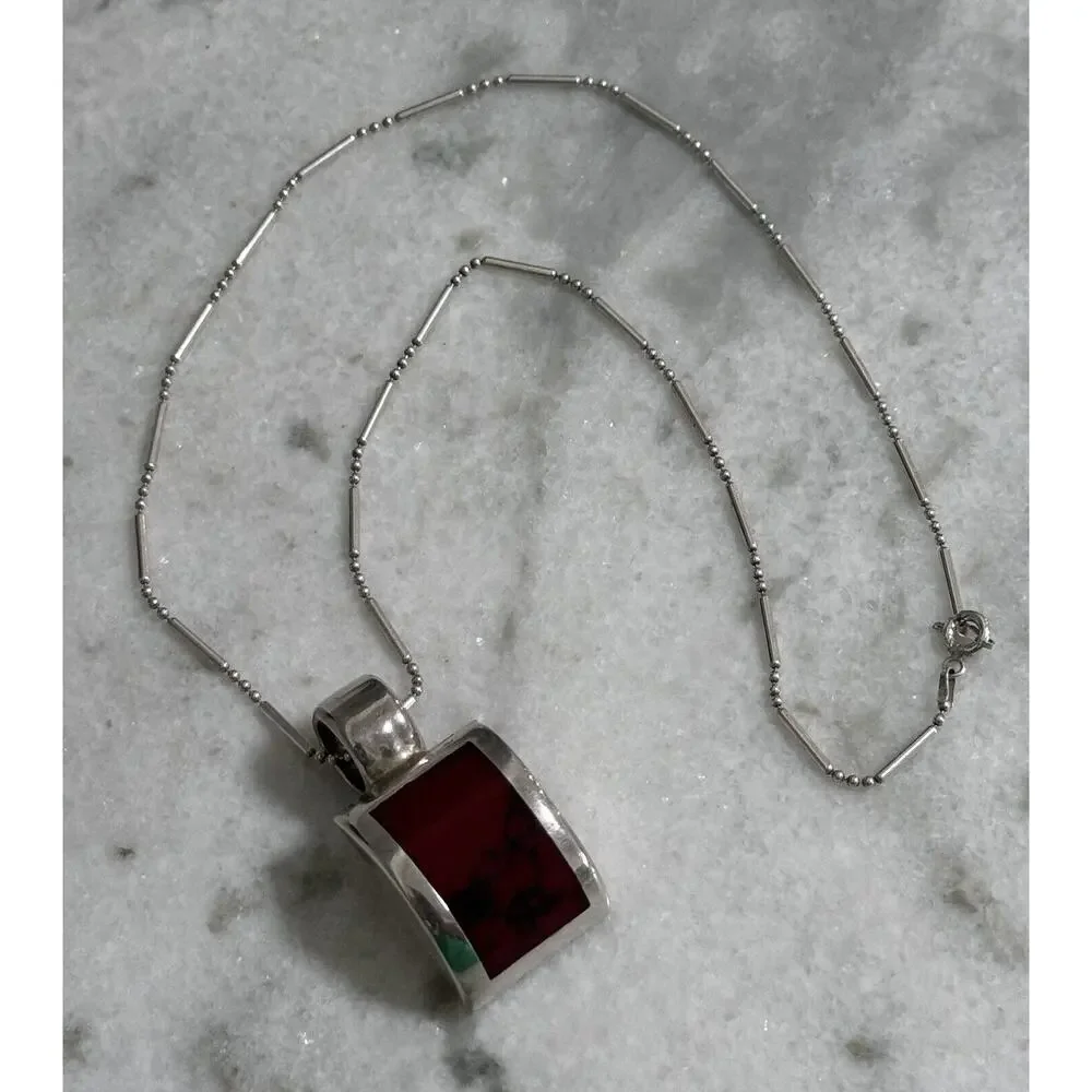 Vintage Sterling Silver Taxco Mexico Red Jasper Pendant Necklace 18in